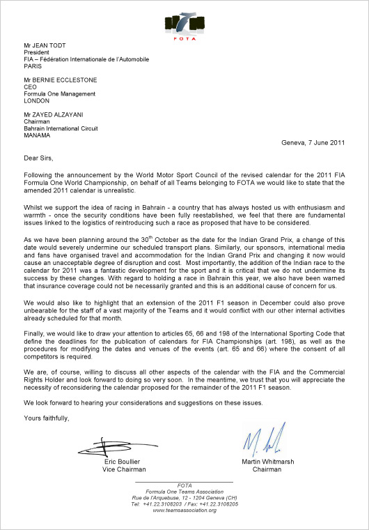 FOTA letter to FIA