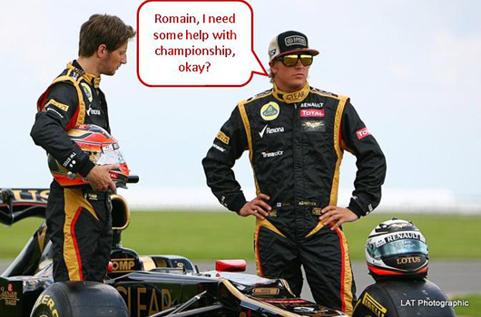 Kimi Raikkonen talks to Romain Grosjean about crash tactics