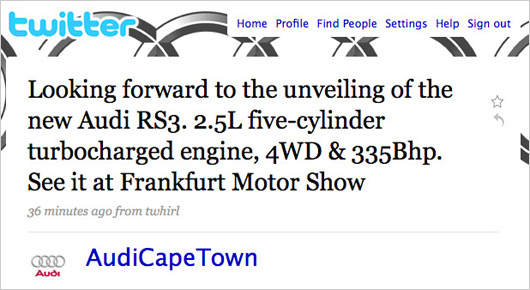 Audi RS3 tweet by Audi Cape Town