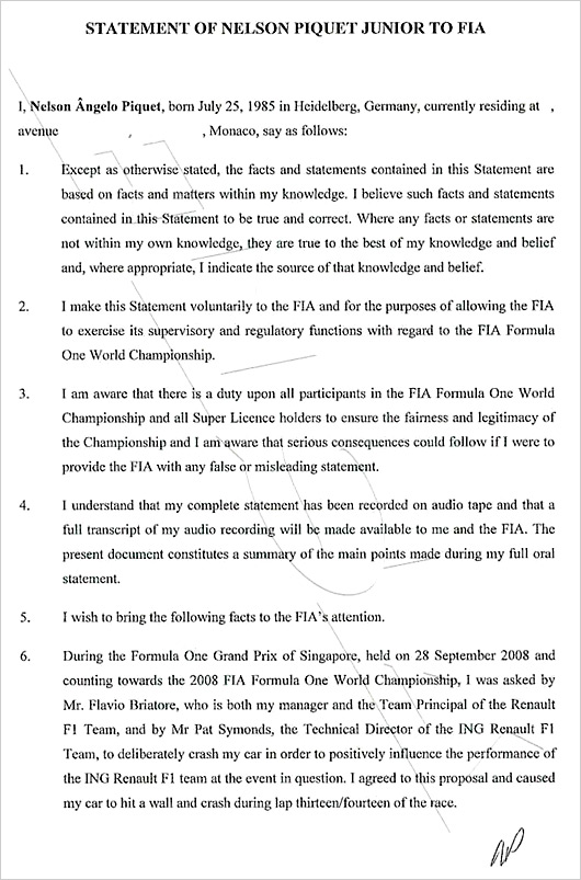 Nelson Piquet Jr statement to the FIA