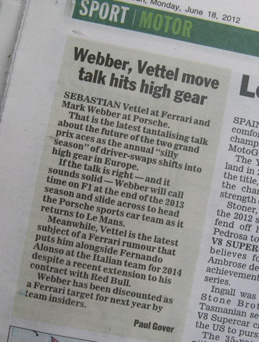 Webber to Porsche rumour, Herald Sun