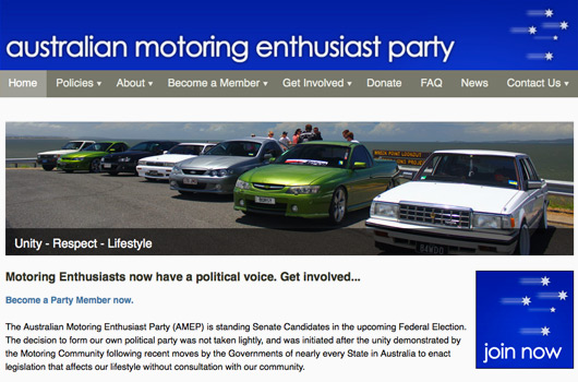Australian Motoring Enthusiast Party website screen grab